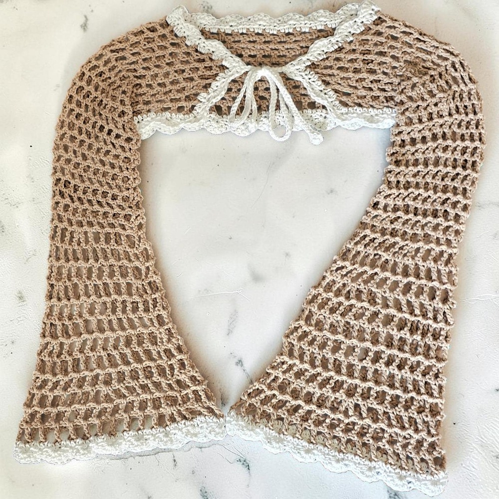 Handmade Crochet Festival Set, Bell Sleeve Front Tie Shrug & Mini Skirt, Taupe - Picture 6 of 14